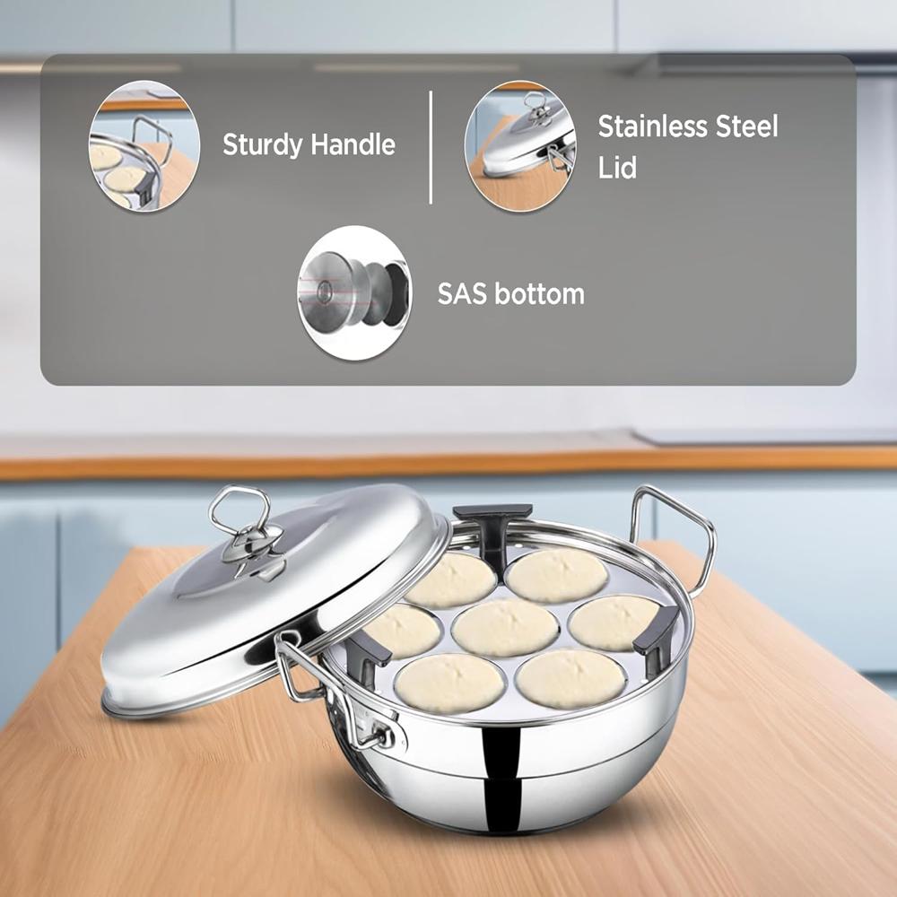 Vinod Stainless Steel Deluxe Idli Dhokla Maker Multi Kadai - 26 cm, 6 Plates, 4 Ltr | 2 Idli, 2 Dhokla,1 Patra and 1 Mini Idli Plate | 3 Layer SAS Bottom Momo/Modak Steamer | Induction Base Cooker