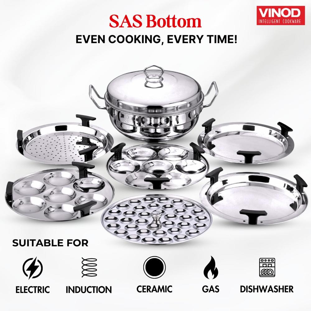 Vinod Stainless Steel Deluxe Idli Dhokla Maker Multi Kadai - 26 cm, 6 Plates, 4 Ltr | 2 Idli, 2 Dhokla,1 Patra and 1 Mini Idli Plate | 3 Layer SAS Bottom Momo/Modak Steamer | Induction Base Cooker
