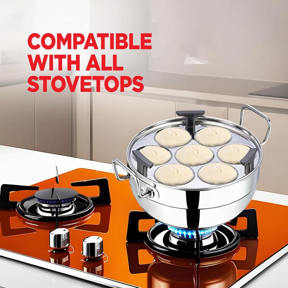 Vinod Stainless Steel Deluxe Idli Dhokla Maker Multi Kadai - 26 cm, 6 Plates, 4 Ltr | 2 Idli, 2 Dhokla,1 Patra and 1 Mini Idli Plate | 3 Layer SAS Bottom Momo/Modak Steamer | Induction Base Cooker
