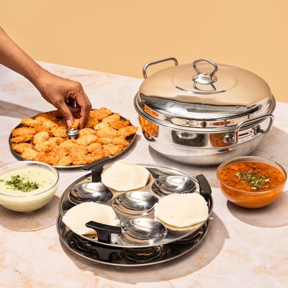 Vinod Stainless Steel Deluxe Idli Dhokla Maker Multi Kadai - 26 cm, 6 Plates, 4 Ltr | 2 Idli, 2 Dhokla,1 Patra and 1 Mini Idli Plate | 3 Layer SAS Bottom Momo/Modak Steamer | Induction Base Cooker