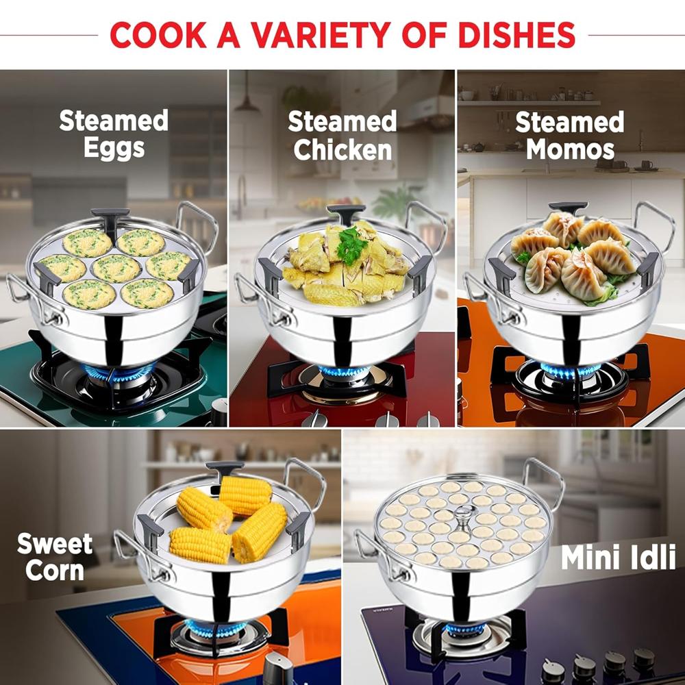 Vinod Stainless Steel Deluxe Idli Dhokla Maker Multi Kadai - 26 cm, 6 Plates, 4 Ltr | 2 Idli, 2 Dhokla,1 Patra and 1 Mini Idli Plate | 3 Layer SAS Bottom Momo/Modak Steamer | Induction Base Cooker