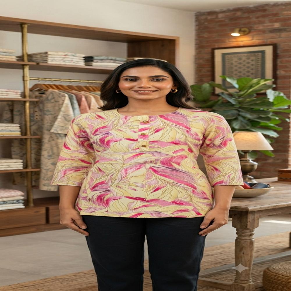 Rayon Foil Print Short Kurti - Color: Multi-Colour