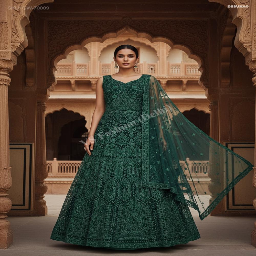 Gw-70009 Net Flared Gown with Duppatta