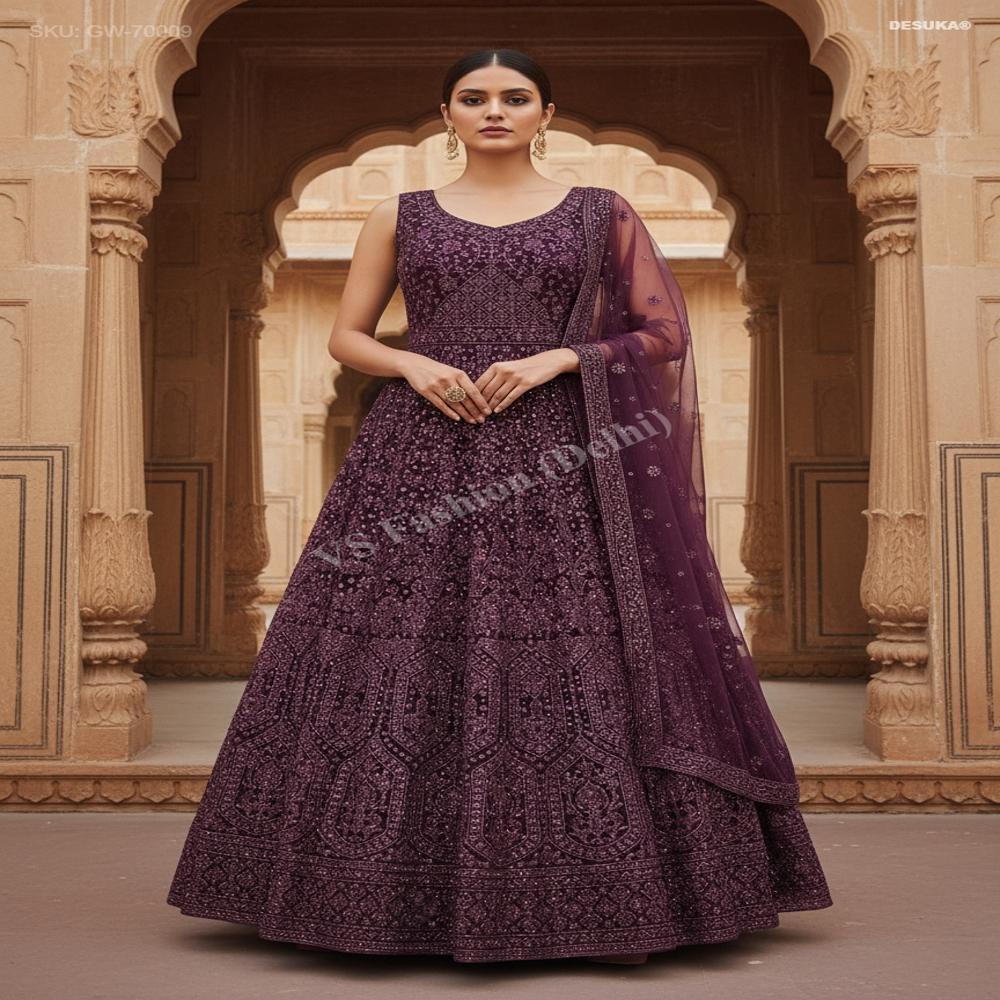 Gw-70009 Net Flared Gown with Duppatta