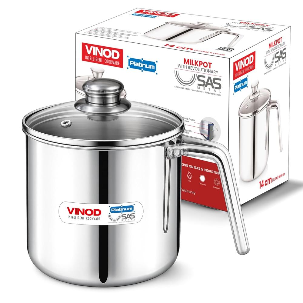 Vinod Platinum Triply Stainless Steel Milk Pot 14 cm (2 Litre) with Handle, Glass Lid & Steam Vent | Use as Milk Boiler & Milk Boiling Pot, Tea Pan and Coffee Warmer | Gas & Induction Compatible