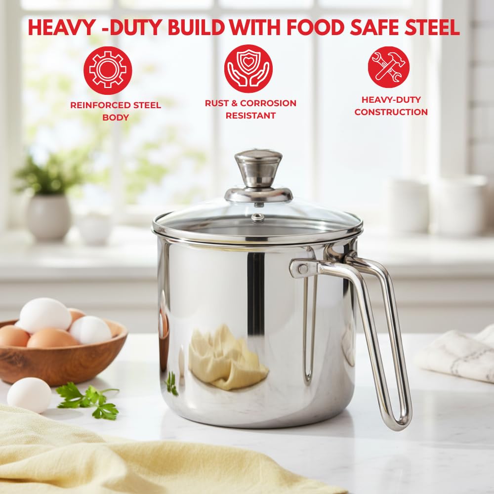 Vinod Platinum Triply Stainless Steel Milk Pot 14 cm (2 Litre) with Handle, Glass Lid & Steam Vent | Use as Milk Boiler & Milk Boiling Pot, Tea Pan and Coffee Warmer | Gas & Induction Compatible