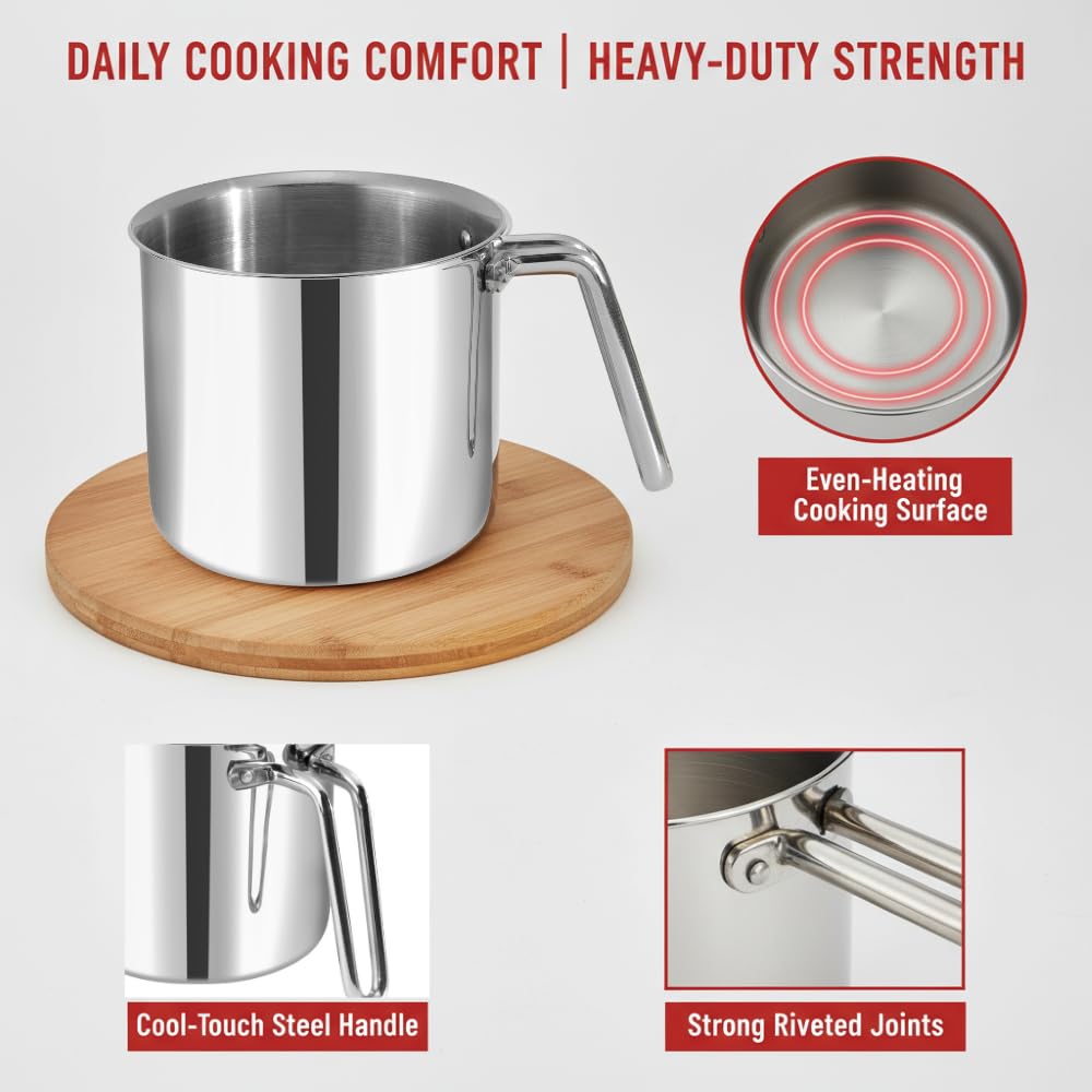 Vinod Platinum Triply Stainless Steel Milk Pot 14 cm (2 Litre) with Handle, Glass Lid & Steam Vent | Use as Milk Boiler & Milk Boiling Pot, Tea Pan and Coffee Warmer | Gas & Induction Compatible