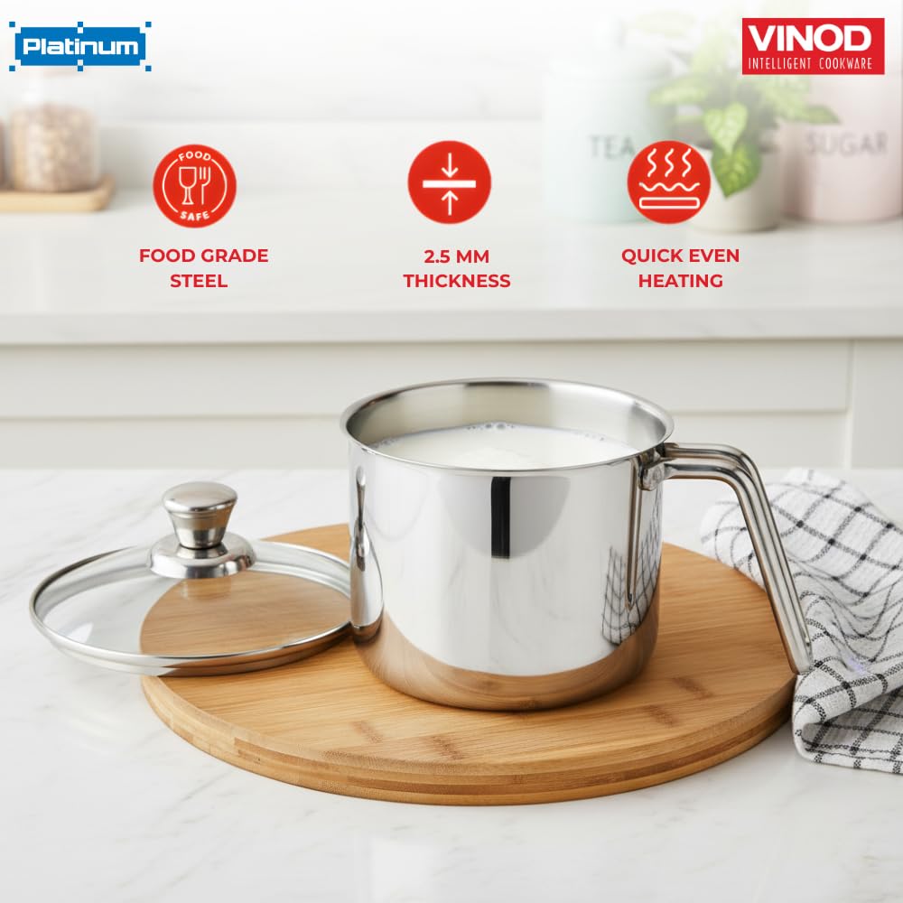 Vinod Platinum Triply Stainless Steel Milk Pot 14 cm (2 Litre) with Handle, Glass Lid & Steam Vent | Use as Milk Boiler & Milk Boiling Pot, Tea Pan and Coffee Warmer | Gas & Induction Compatible