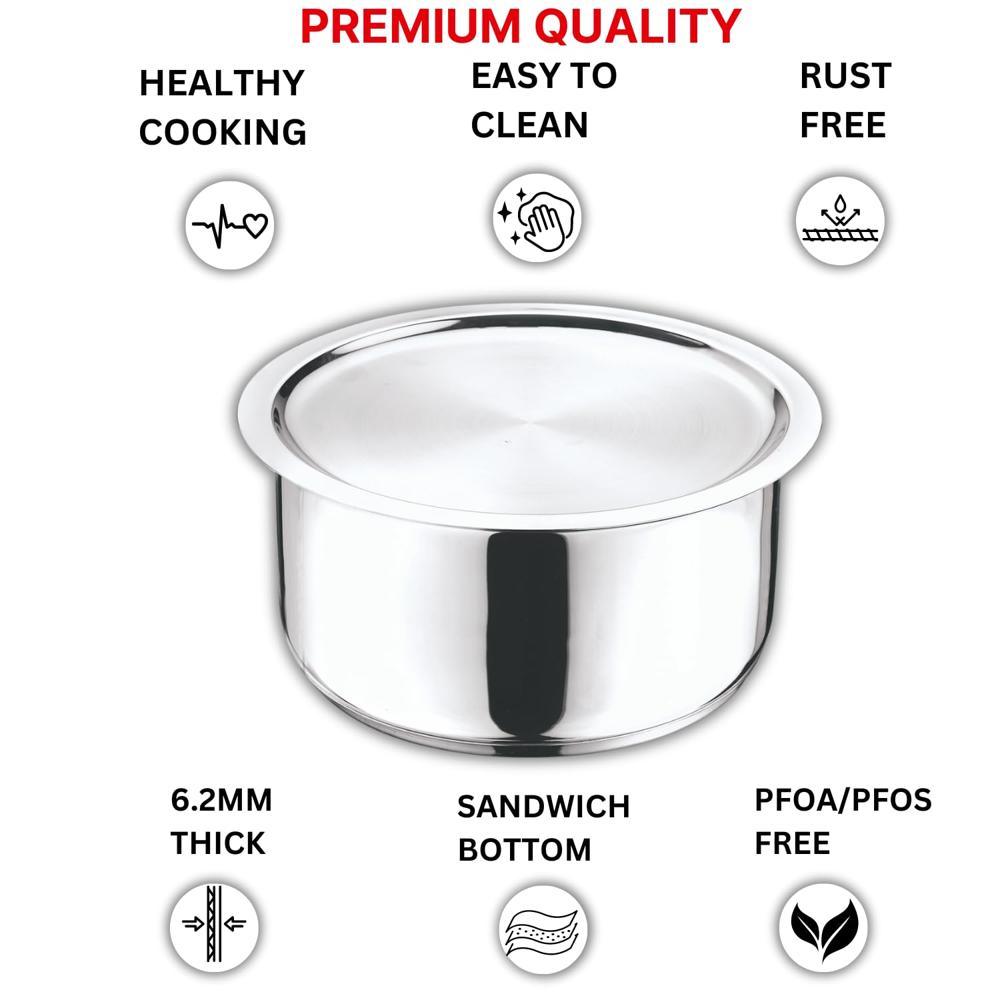 Vinod Stainless Steel 304 Grade Tope/Patila/Topiya with Lid - Diameter 14 cm, Capacity 1.1 Litre, Induction and Gas Stove Friendly, 2 Year Warranty, Silver