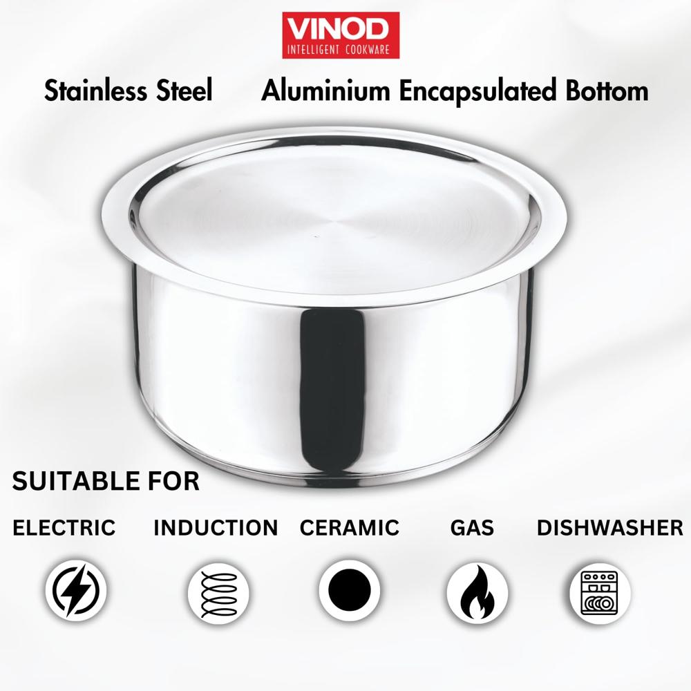 Vinod Stainless Steel 304 Grade Tope/Patila/Topiya with Lid - Diameter 14 cm, Capacity 1.1 Litre, Induction and Gas Stove Friendly, 2 Year Warranty, Silver