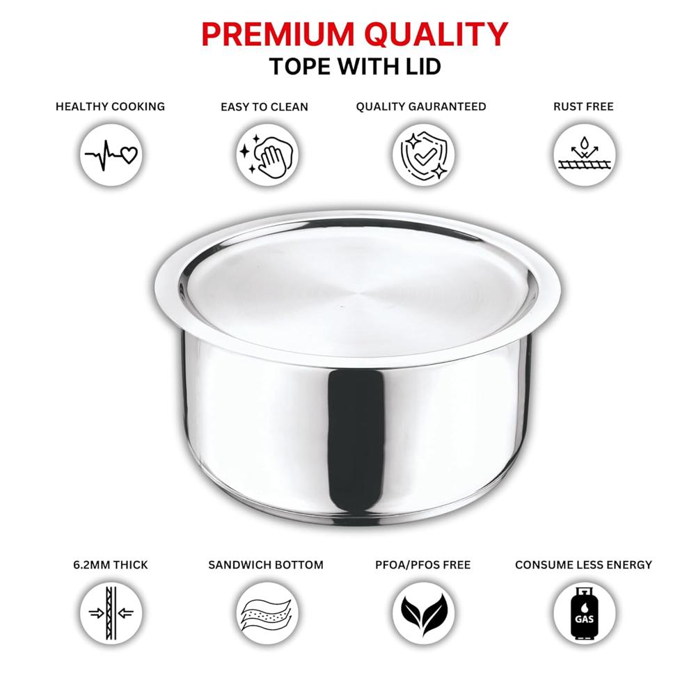 Vinod Stainless Steel 304 Grade Tope/Patila/Topiya with Lid - Diameter 22 cm, Capacity 4 Litre, Induction and Gas Stove Friendly, 2 Year Warranty, Silver