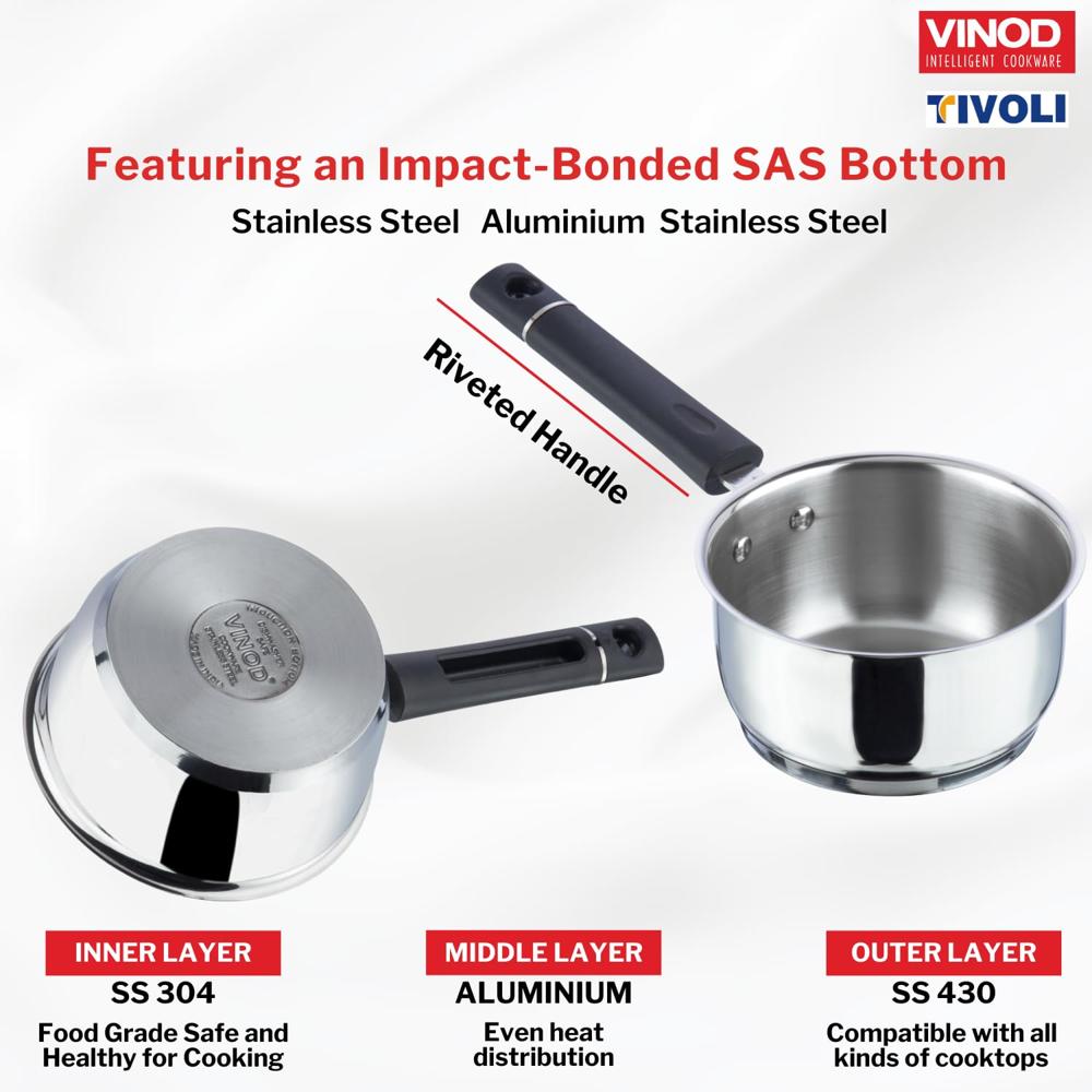 Vinod Tivoli Stainless Steel Saucepan - 1.1 Litre, 14 cm | Sandwich Bottom for Even Heating, Bakelite Handle Tea Pan, Induction Utensil | for Milk Boiling, Chai, Sauce Pot | Perfect for Daily Cooking