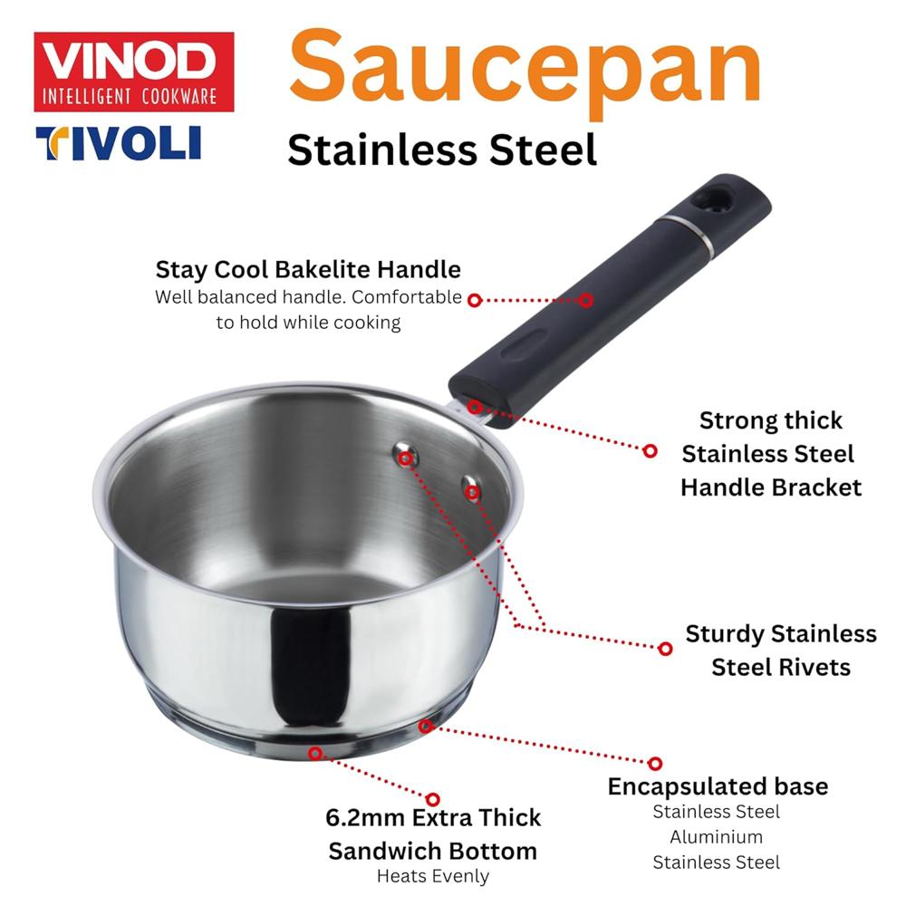 Vinod Tivoli Stainless Steel Saucepan - 1.5 Litre, 16 cm | Sandwich Bottom for Even Heating, Bakelite Handle Tea Pan, Induction Utensil | for Milk Boiling, Chai, Sauce Pot | Perfect for Daily Cooking