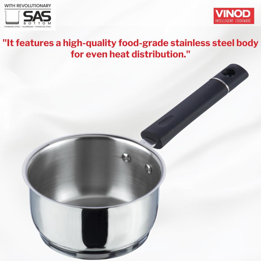 Vinod Tivoli Stainless Steel Saucepan - 1.5 Litre, 16 cm | Sandwich Bottom for Even Heating, Bakelite Handle Tea Pan, Induction Utensil | for Milk Boiling, Chai, Sauce Pot | Perfect for Daily Cooking