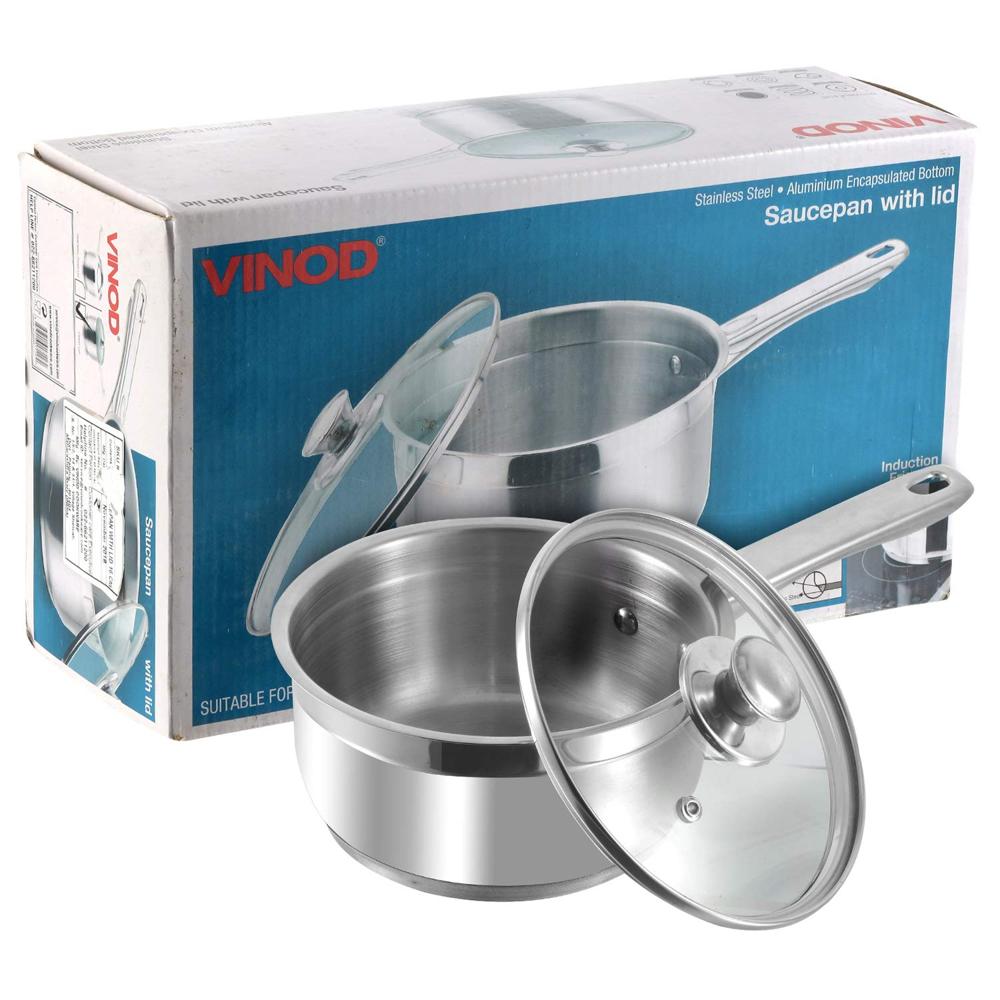 Vinod Stainless Steel Two Tone Saucepan with Glass Lid - Diameter 16 cm, Capacity 1.5 Litre (Induction and Gas Stove Friendly), 2 Year Warranty, Silver