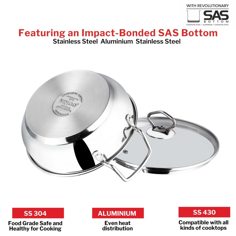 Vinod Stainless Steel Kadhai with Glass Lid - 1.4 Litre, 18cm | Extra Thick, SAS Heavy Bottom | Kadai for Cooking | Induction Friendly | 2 Year Warranty - Silver