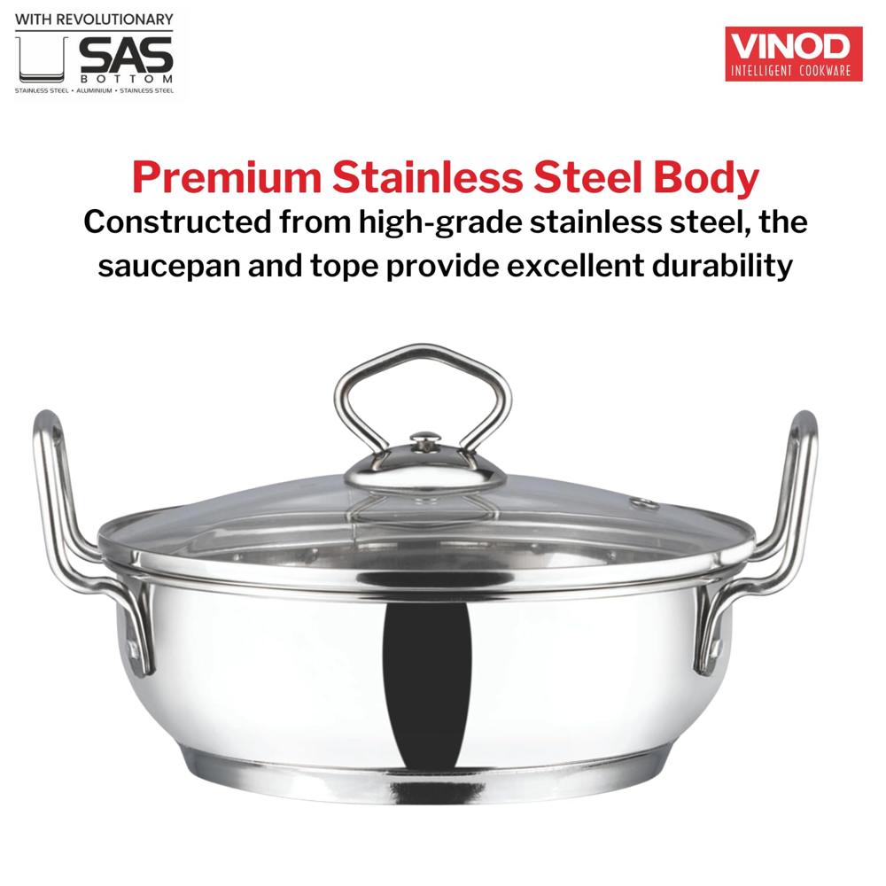 Vinod Stainless Steel Kadhai with Glass Lid - 1.4 Litre, 18cm | Extra Thick, SAS Heavy Bottom | Kadai for Cooking | Induction Friendly | 2 Year Warranty - Silver