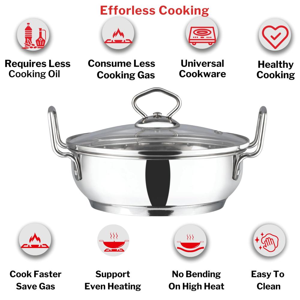 Vinod Stainless Steel Kadhai with Glass Lid - 1.4 Litre, 18cm | Extra Thick, SAS Heavy Bottom | Kadai for Cooking | Induction Friendly | 2 Year Warranty - Silver
