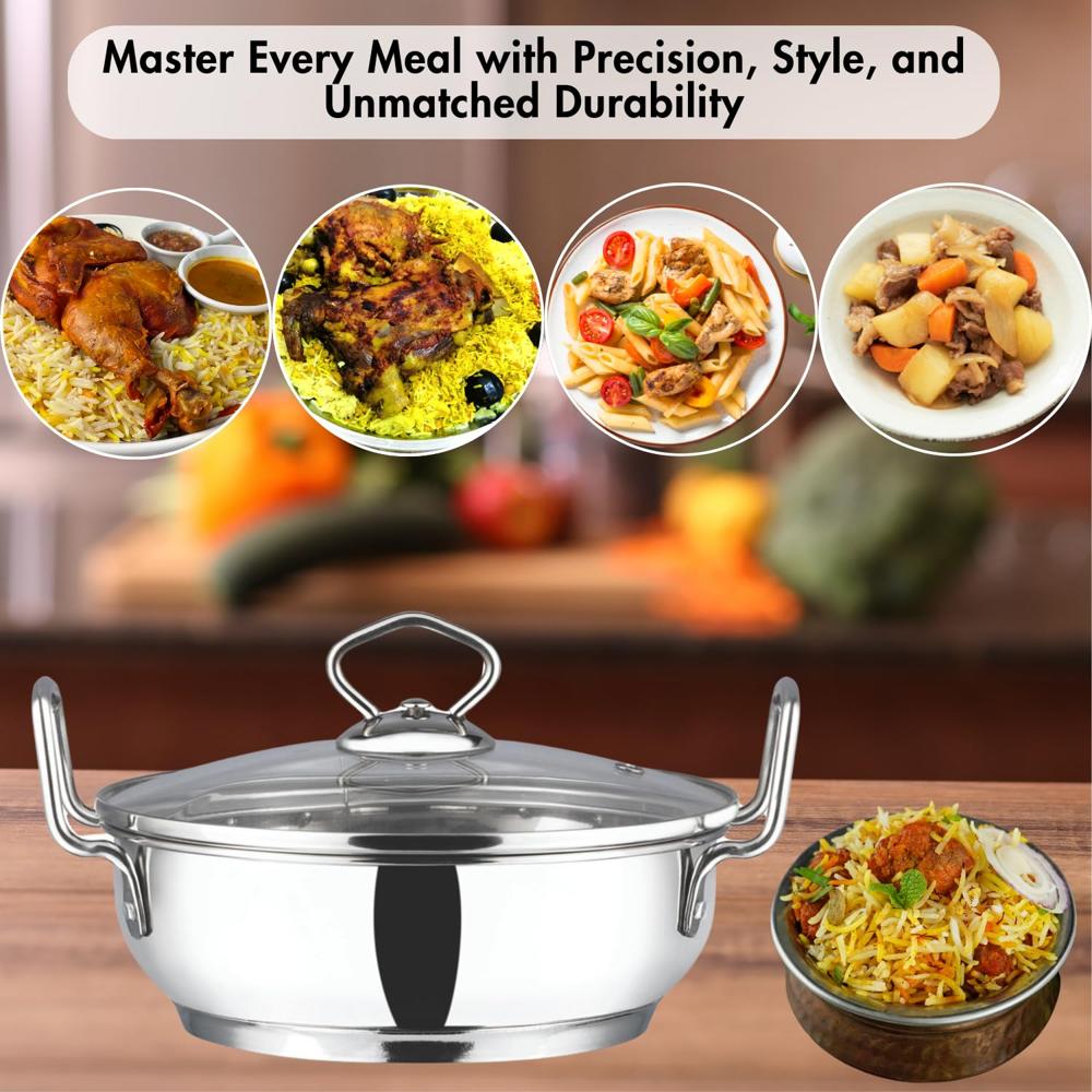 Vinod Stainless Steel Kadhai with Glass Lid, 2.7 L (24 cm) | Extra Thick Heavy Base, Riveted Handles, Easy to Clean, Durable Body | Ideal for Curries & Frying | Induction & Gas Base | 2 Yr Warranty