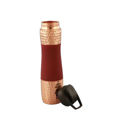 Copper Curvie Sipper - Pure Copper, 900ml, Matte Hammered Finish, Leak-proof Plastic Cap, Anti-bacterial, Reusable