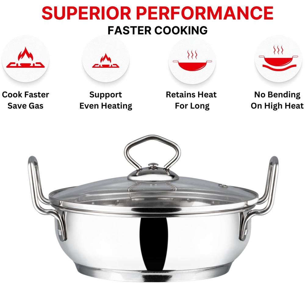 Vinod Stainless Steel Kadhai with Glass Lid, 5.8 L (30 cm) | Extra Thick Heavy Base, Riveted Handles, Easy to Clean, Durable Body | Ideal for Curries & Frying | Induction & Gas Base | 2 Yr Warranty