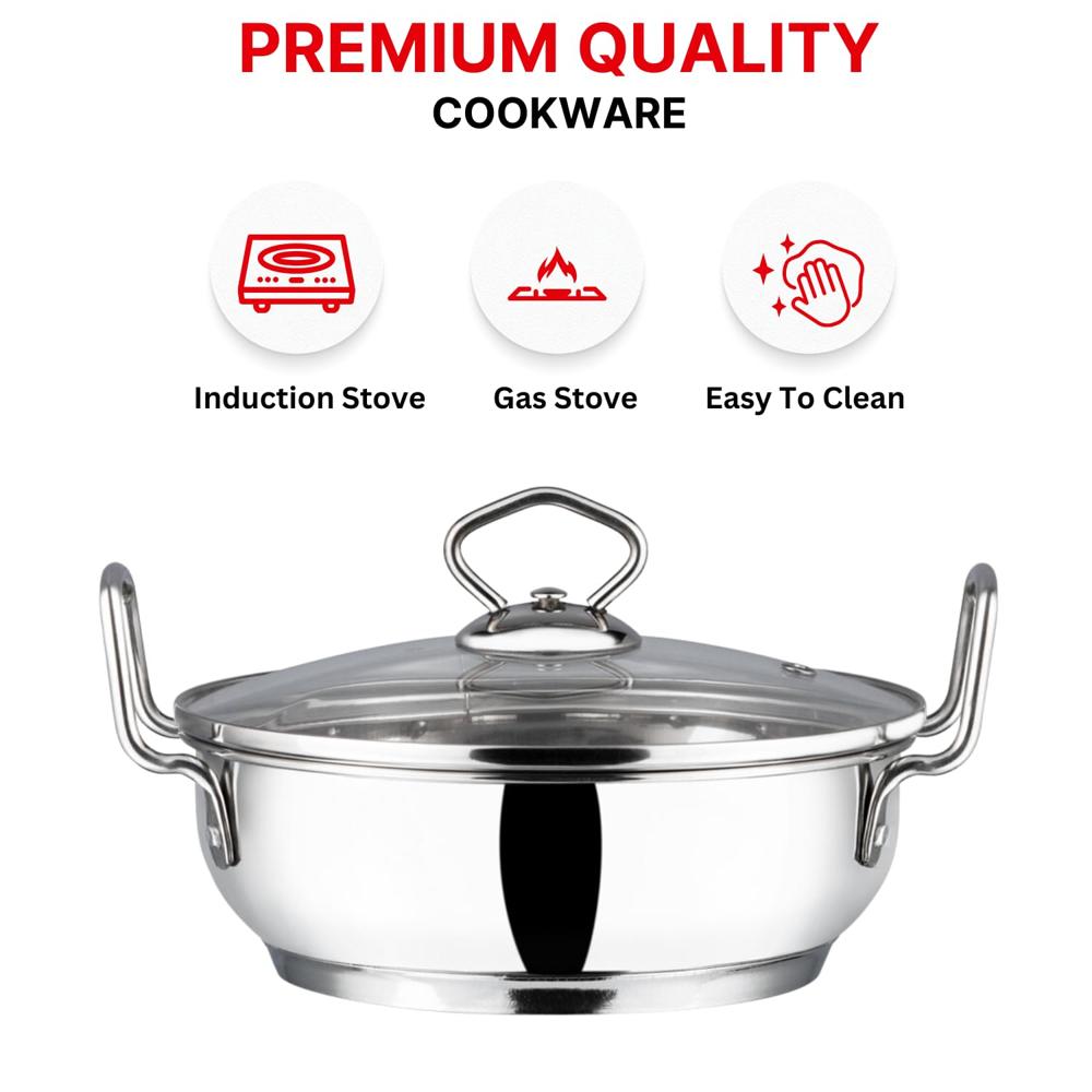Vinod Stainless Steel Kadhai with Glass Lid, 5.8 L (30 cm) | Extra Thick Heavy Base, Riveted Handles, Easy to Clean, Durable Body | Ideal for Curries & Frying | Induction & Gas Base | 2 Yr Warranty