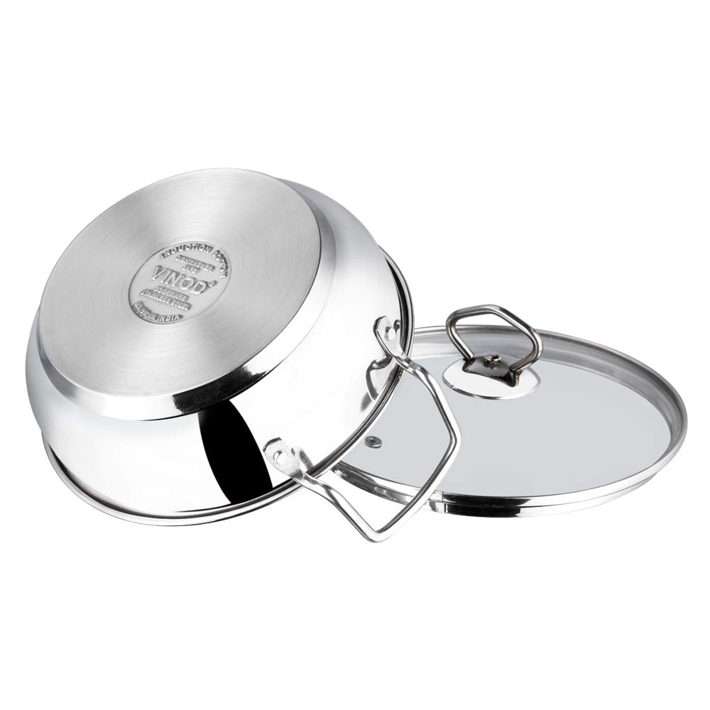 Vinod Stainless Steel Kadhai with Glass Lid, 5.8 L (30 cm) | Extra Thick Heavy Base, Riveted Handles, Easy to Clean, Durable Body | Ideal for Curries & Frying | Induction & Gas Base | 2 Yr Warranty
