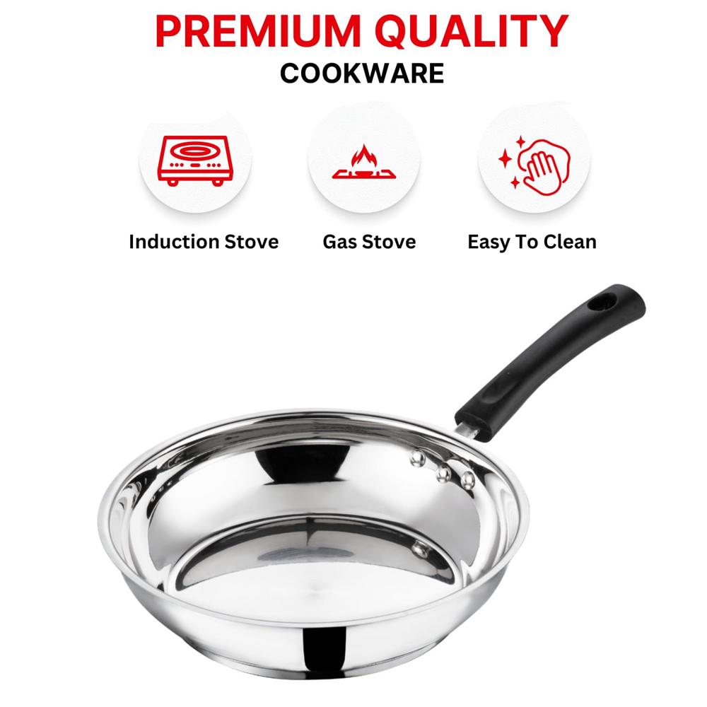 Vinod Stainless Steel Frypan - 20 cm | Skillet Pan for Frying | SAS Bottom | Cool Touch Bakelite Handle | Induction and Gas Base| 2 Year Warranty - Silver 1.4 Ltr 