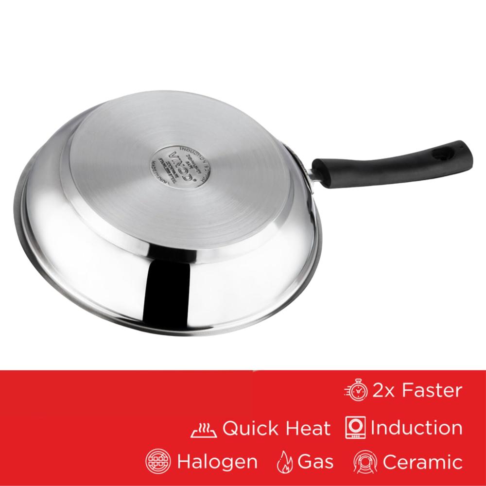 Vinod Stainless Steel Frypan - 20 cm | Skillet Pan for Frying | SAS Bottom | Cool Touch Bakelite Handle | Induction and Gas Base| 2 Year Warranty - Silver 1.4 Ltr 