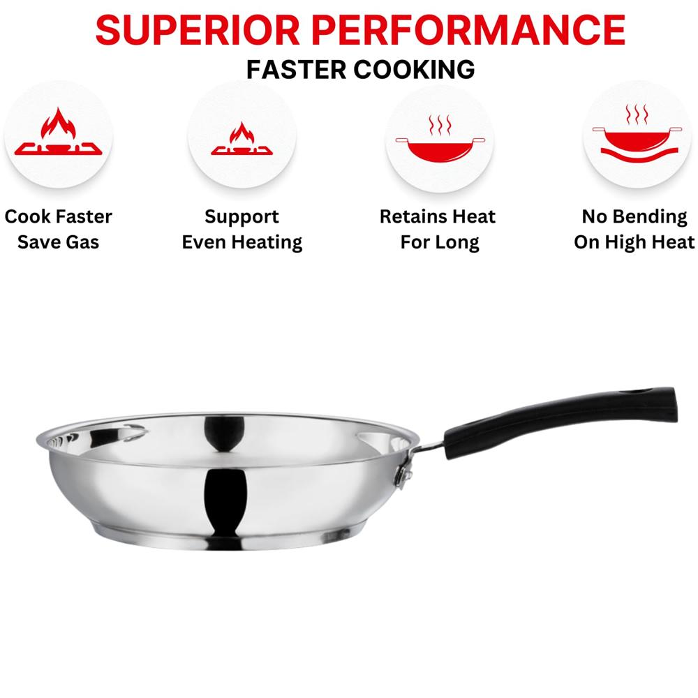 Vinod Stainless Steel Frypan - 20 cm | Skillet Pan for Frying | SAS Bottom | Cool Touch Bakelite Handle | Induction and Gas Base| 2 Year Warranty - Silver 1.4 Ltr 