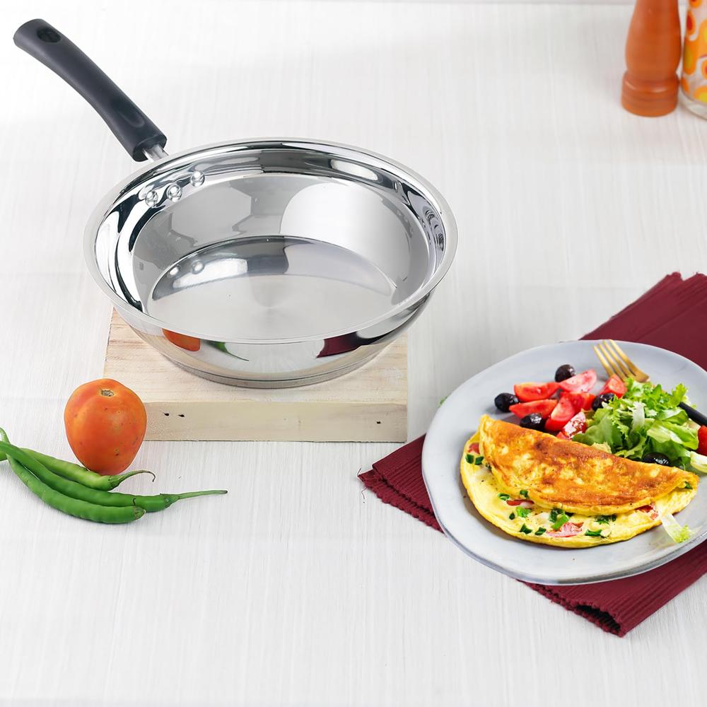 Vinod Stainless Steel Frypan - 20 cm | Skillet Pan for Frying | SAS Bottom | Cool Touch Bakelite Handle | Induction and Gas Base| 2 Year Warranty - Silver 1.4 Ltr 