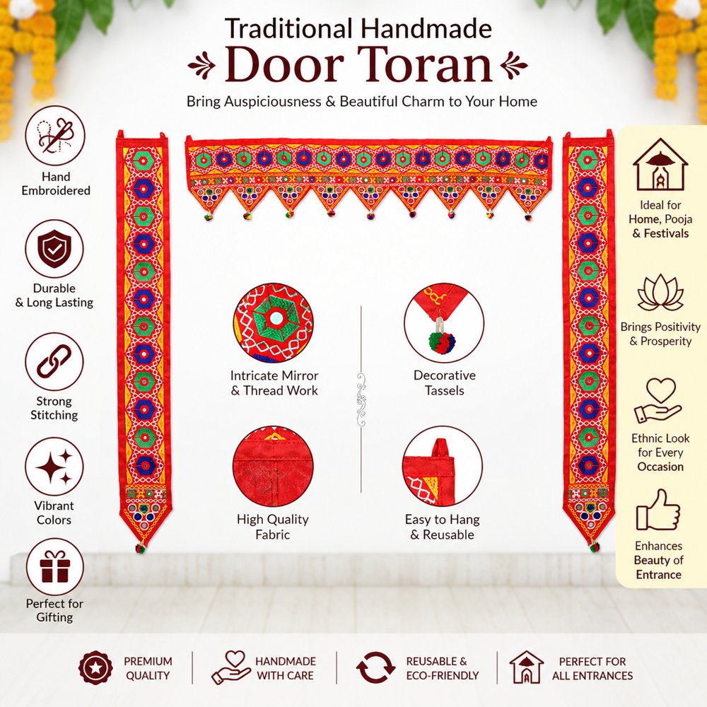 Krishna Handloom L Shape Door Toran For Indian Home Decor H 5 - Color: Red