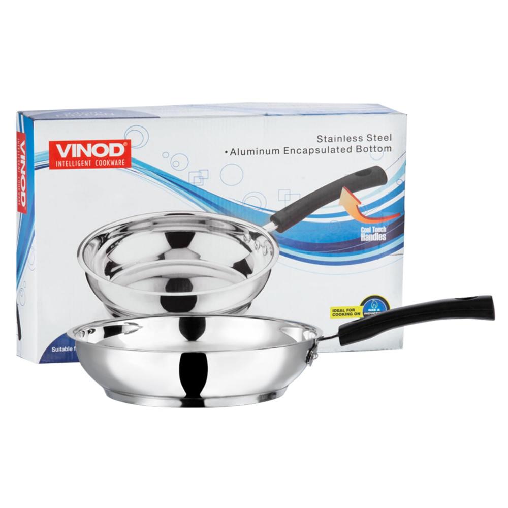 Vinod Stainless Steel Frypan - 22 cm | Skillet Pan for Frying | SAS Bottom | Cool Touch Bakelite Handle | Induction and Gas Base| 2 Year Warranty - Silver 1.7 cm 