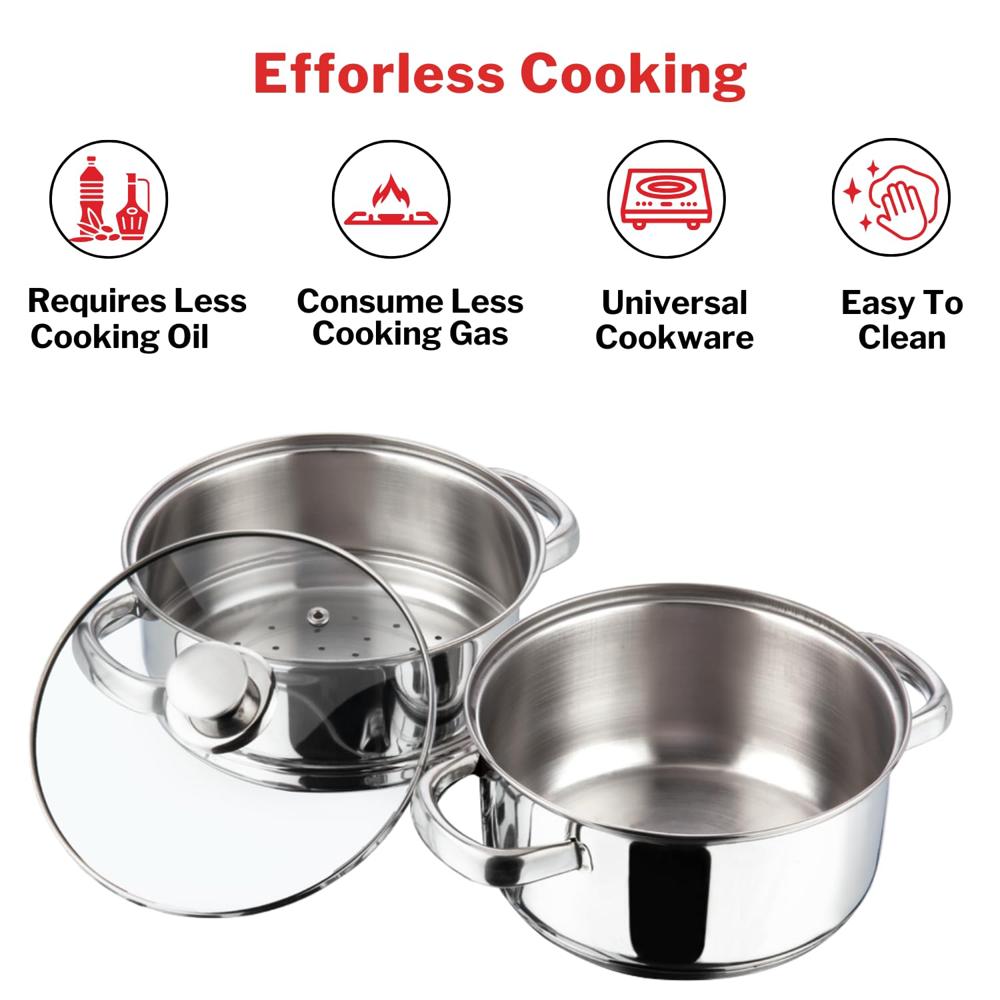 Vinod 2 Tier Stainless Steel Idli Steamer for Kitchen with Glass Lid - 18 cm | 2.5 mm Thick Base | Modak, Momo, Idiyappam, Vegetable, Puttu Maker and Steamer| Induction Base - 2 Year Warranty | Small