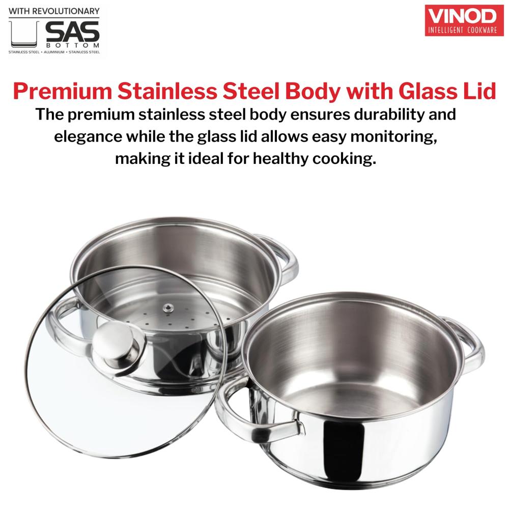 Vinod Stainless Steel 2-Tier Steamer with Glass Lid, 20 cm | 2.5 mm Thick Base | Steamer for Momos, Modaks, Vegetables & More | Riveted Handles | Induction & Gas Base | 2 Yr Warranty