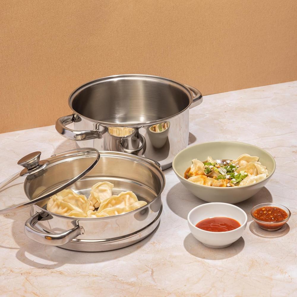 Vinod Stainless Steel 2-Tier Steamer with Glass Lid, 20 cm | 2.5 mm Thick Base | Steamer for Momos, Modaks, Vegetables & More | Riveted Handles | Induction & Gas Base | 2 Yr Warranty