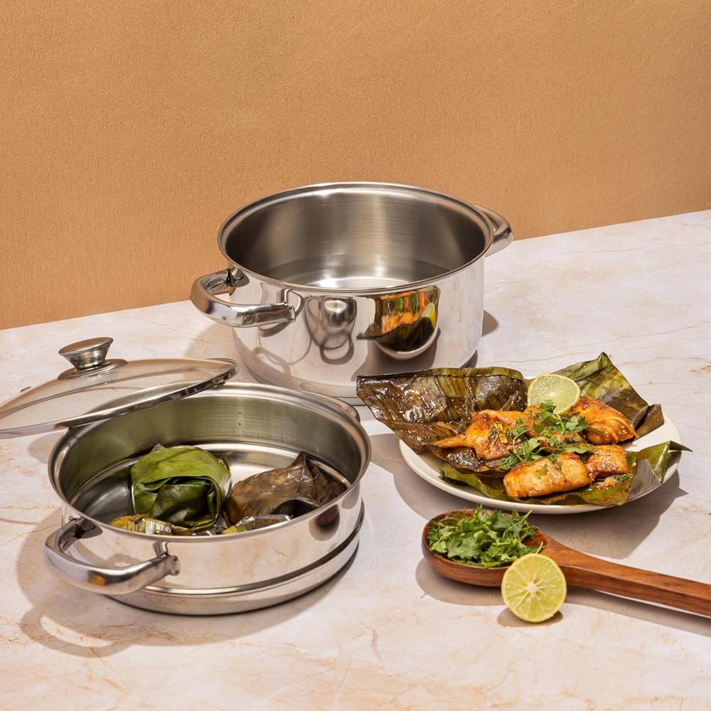 Vinod Stainless Steel 2 Tier Steamer with Glass Lid 24 cm | 2.5 mm Thick Base | Multi-Purpose 