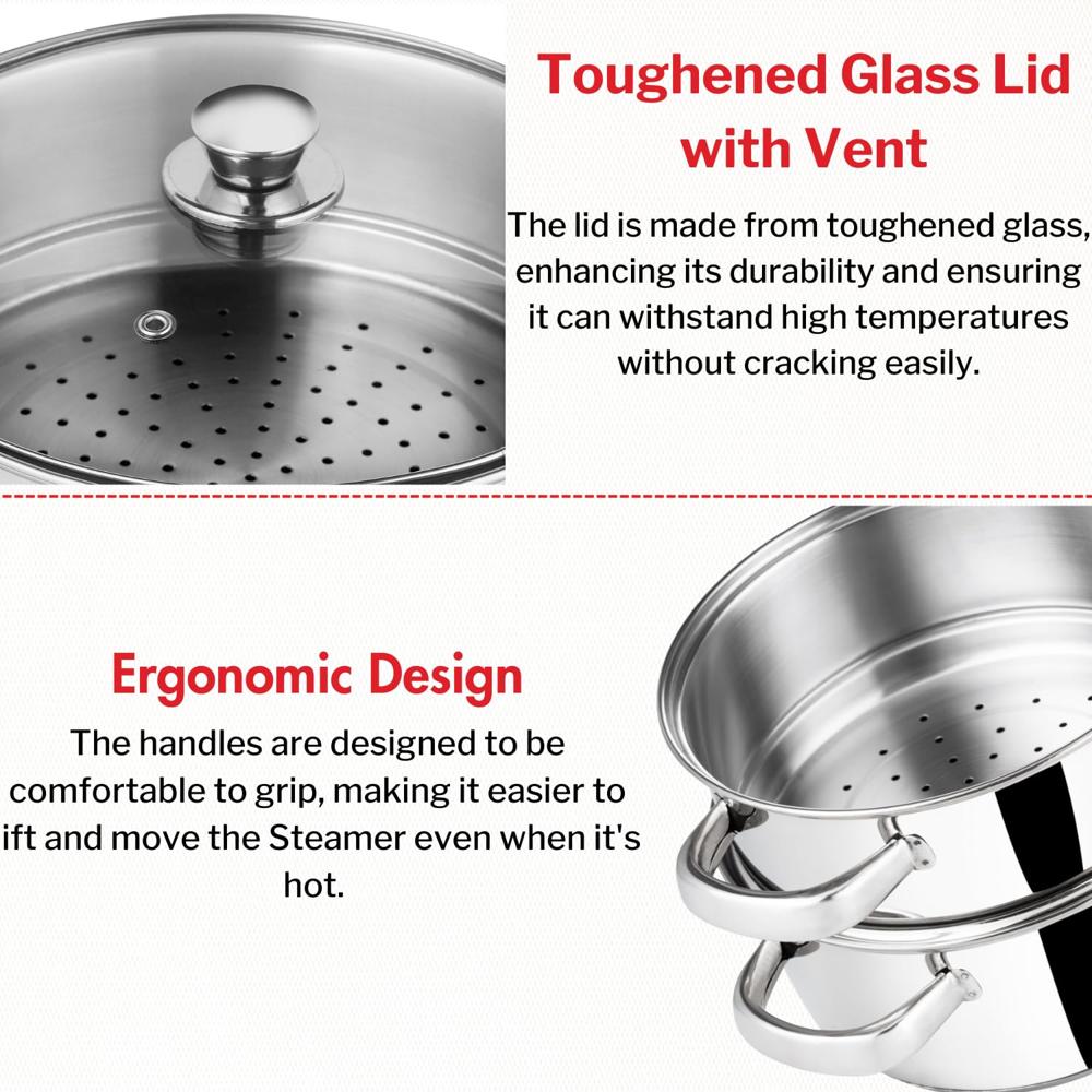 Vinod Stainless Steel 2 Tier Steamer with Glass Lid 24 cm | 2.5 mm Thick Base | Multi-Purpose 