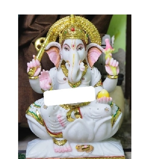 Marble Ganesh Ji Statue - White Makrana Marble, 36 Inch, Multicolor Gold & Pink Accents, Hand Carved Lotus Pedestal