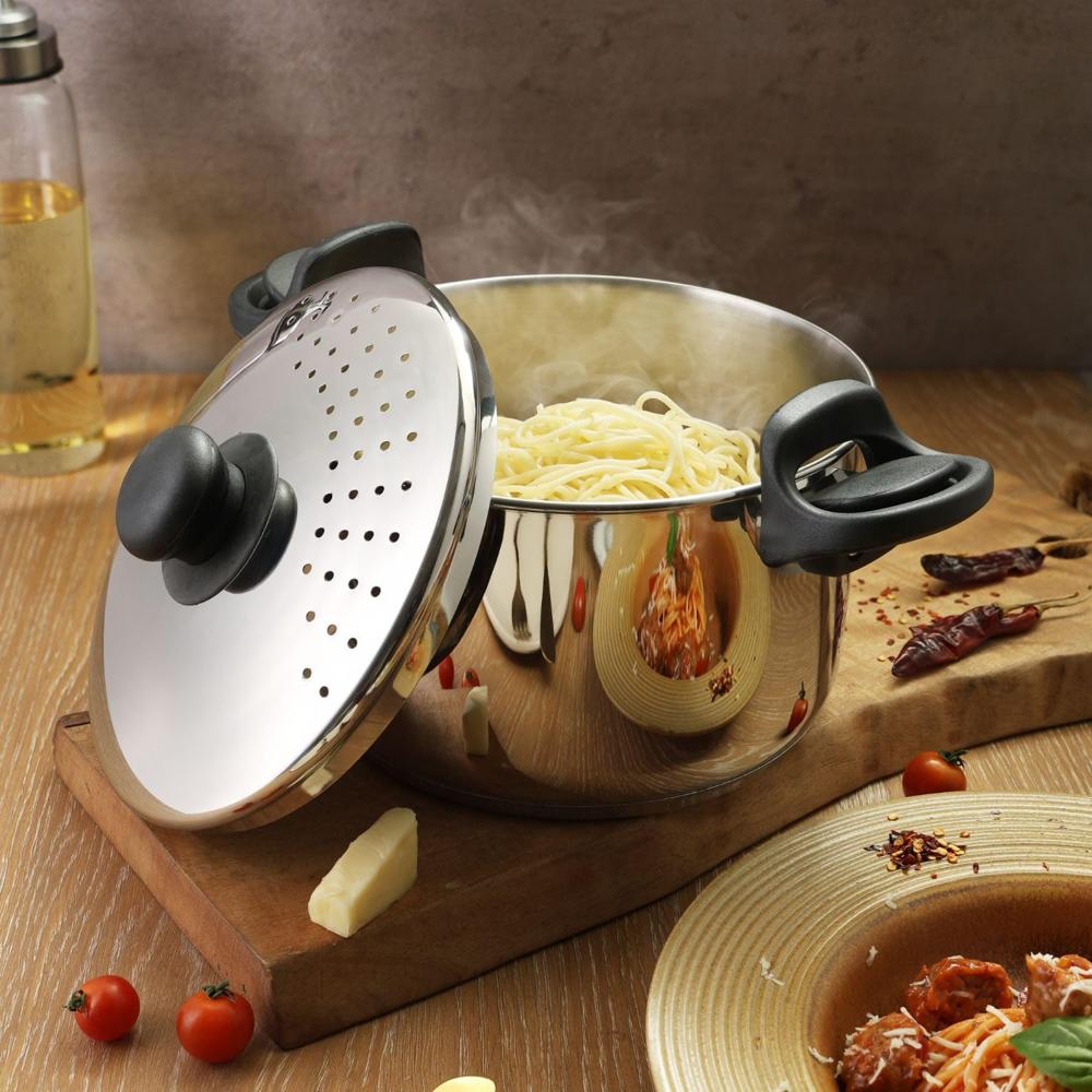 Vinod Stainless Steel Rice & Pasta Pot with Strainer Lid - 6.8 L, 24cm | SAS Bottom, Locking Handles | Induction & Gas Compatible | Multi-Purpose Cookware for Vegetables, Noodles, Biryani | Rust-Free.