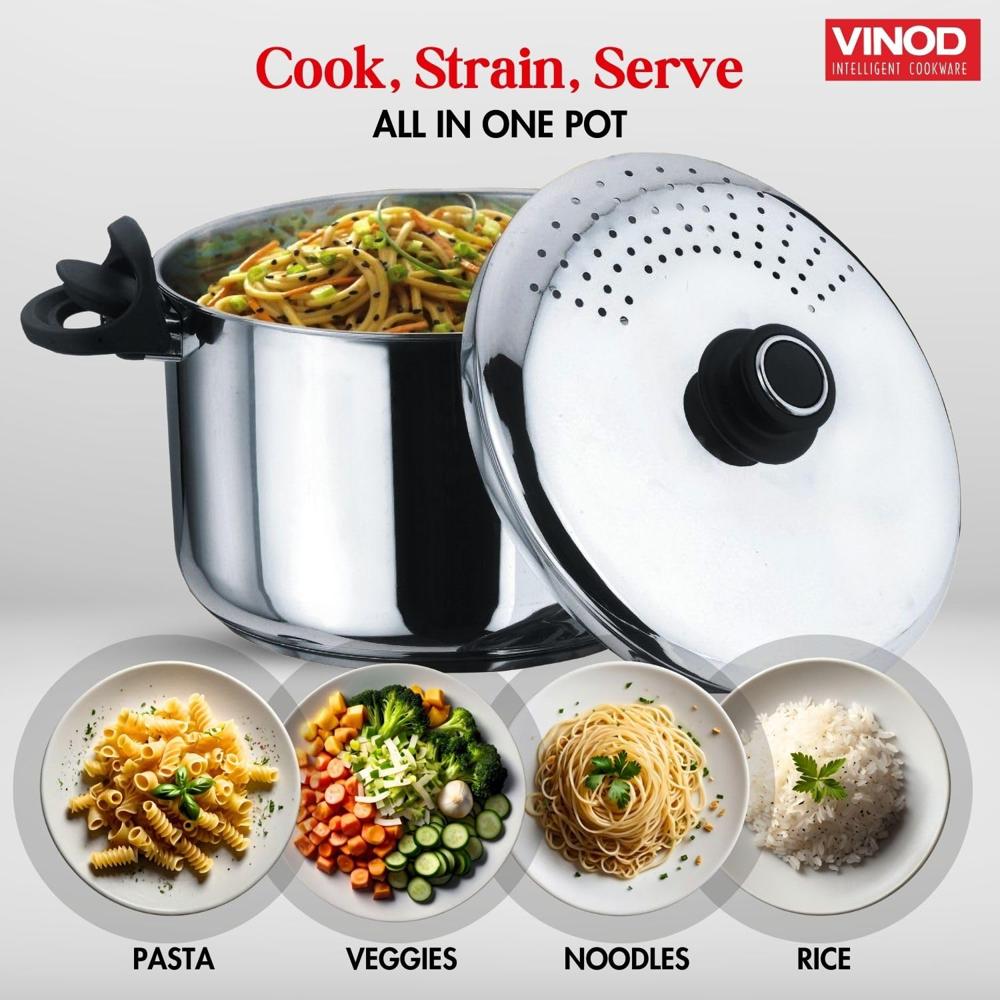 Vinod Stainless Steel Rice & Pasta Pot with Strainer Lid - 6.8 L, 24cm | SAS Bottom, Locking Handles | Induction & Gas Compatible | Multi-Purpose Cookware for Vegetables, Noodles, Biryani | Rust-Free.