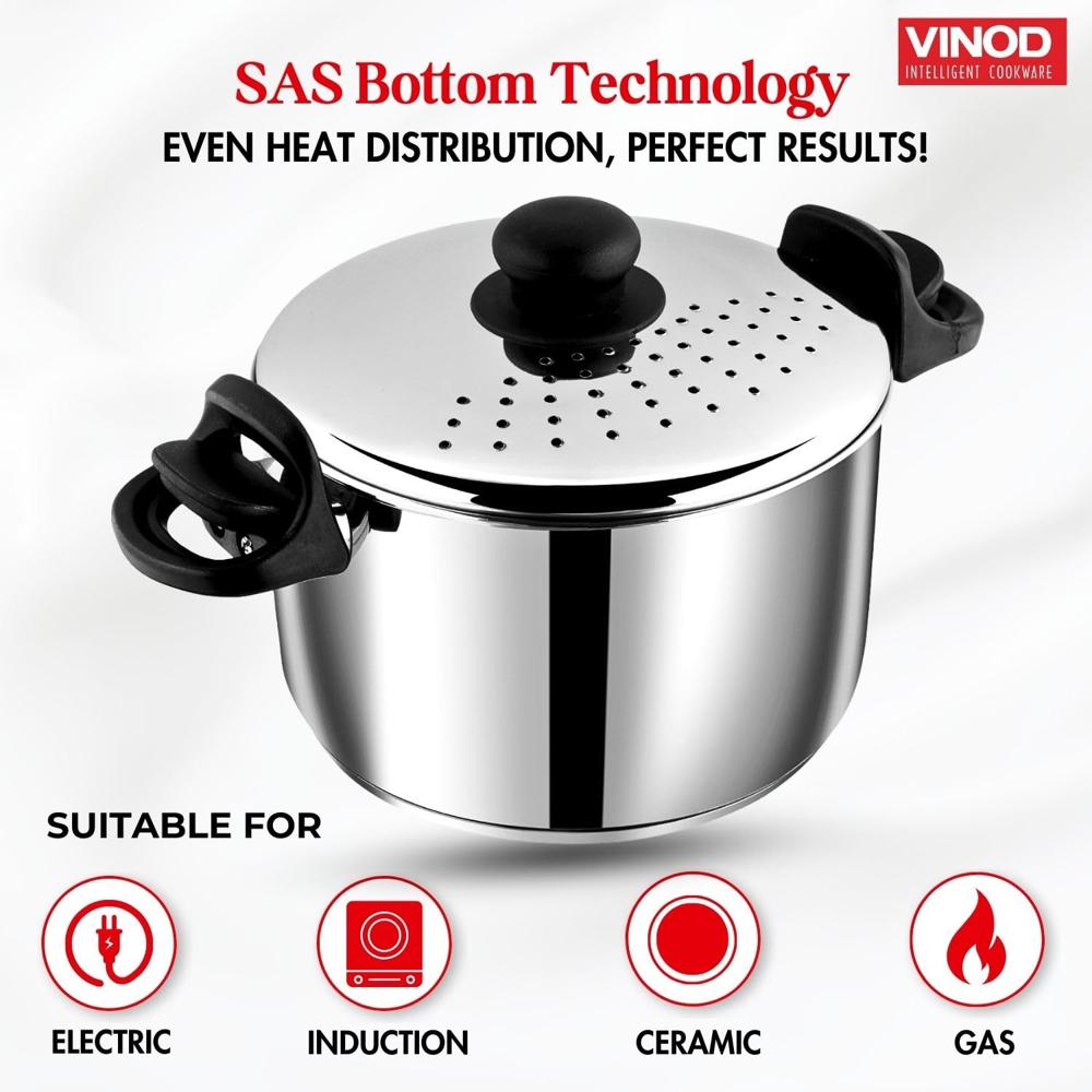 Vinod Stainless Steel Rice & Pasta Pot with Strainer Lid - 6.8 L, 24cm | SAS Bottom, Locking Handles | Induction & Gas Compatible | Multi-Purpose Cookware for Vegetables, Noodles, Biryani | Rust-Free.