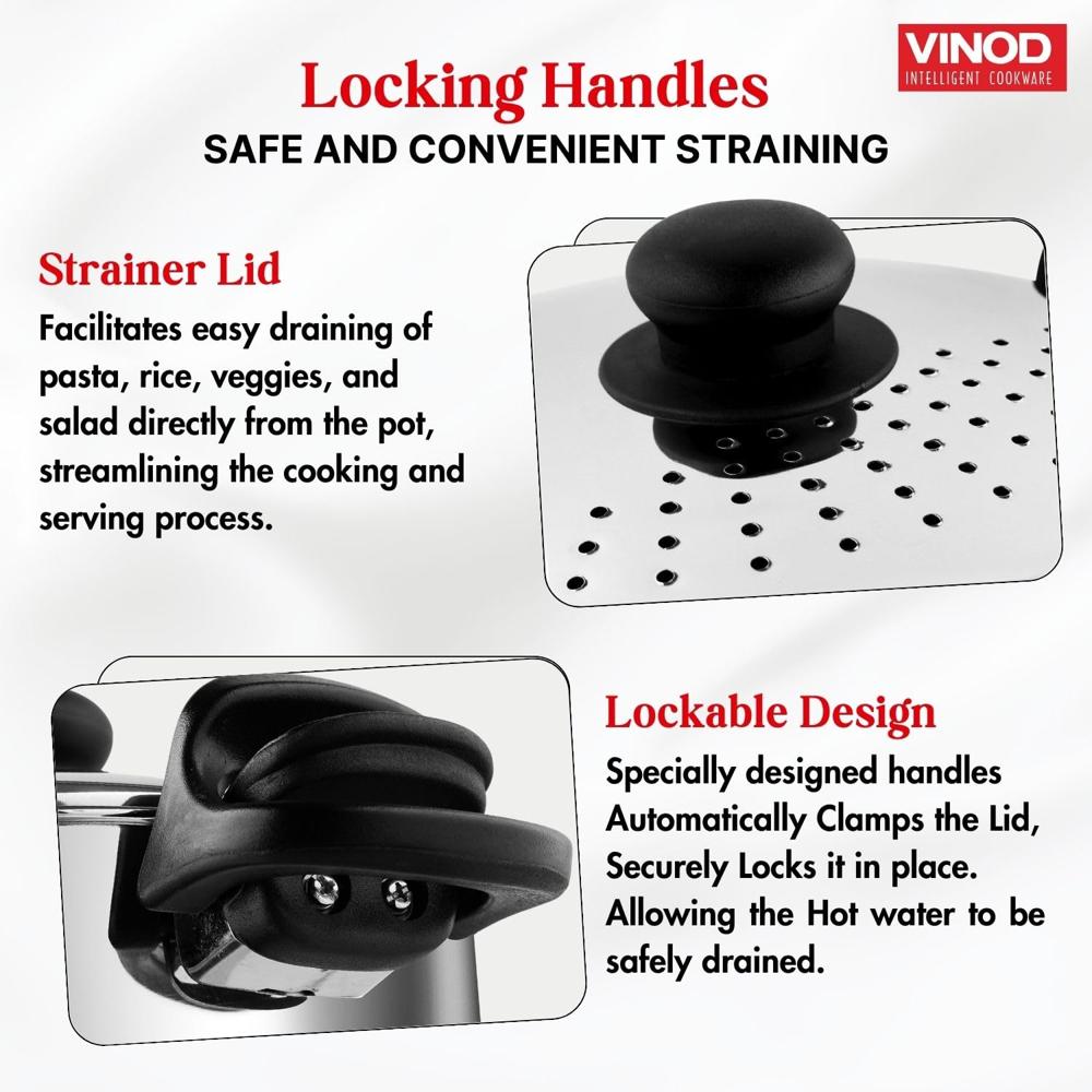 Vinod Stainless Steel Rice & Pasta Pot with Strainer Lid - 6.8 L, 24cm | SAS Bottom, Locking Handles | Induction & Gas Compatible | Multi-Purpose Cookware for Vegetables, Noodles, Biryani | Rust-Free.