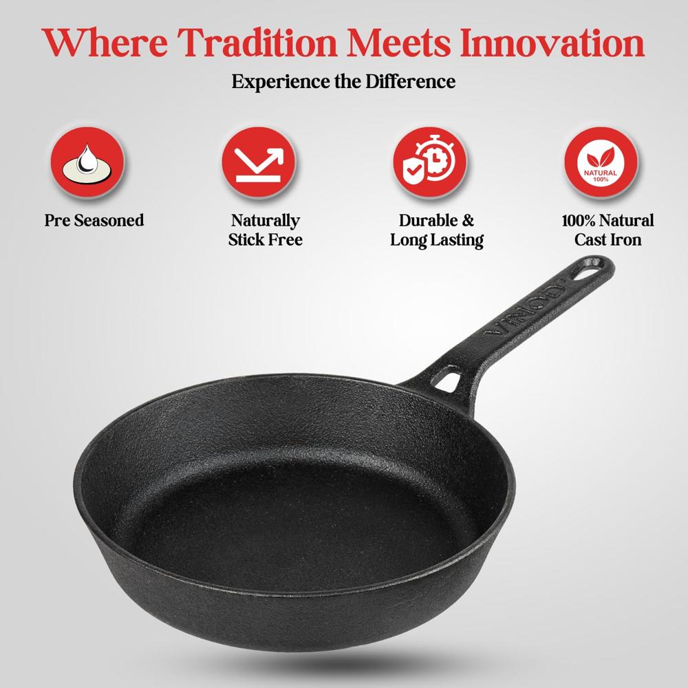 Vinod Legacy Pre-Seasoned Cast Iron Skillet Frypan - 1.5 L, 22 cm | Gas & Oven Compatible | 100% Pure Toxin-Free Loha | Naturally Non-Stick Traditional Pan for Frying | Healthy Cooking | Made in India