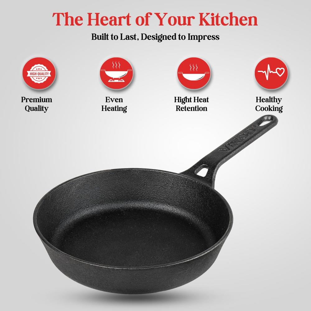 Vinod Legacy Pre-Seasoned Cast Iron Skillet Frypan - 1.7 L, 24cm | Gas & Oven Compatible | 100% Pure Toxin-Free Loha | Naturally Non-Stick Traditional Pan for Frying | Healthy Cooking | Made in India
