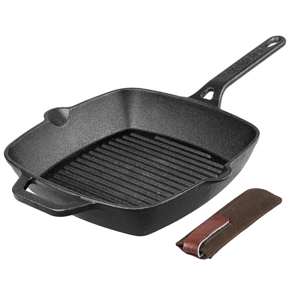 Vinod Legacy Pre Seasoned Cast Iron Grill Pan - 24 cm | Naturally Non Stick Loha Barbeque/Tandoor Grill Pan | 100% Pure | Easy Pour Spout | Toxin Free | Safety Sleeve 2 Ltr 