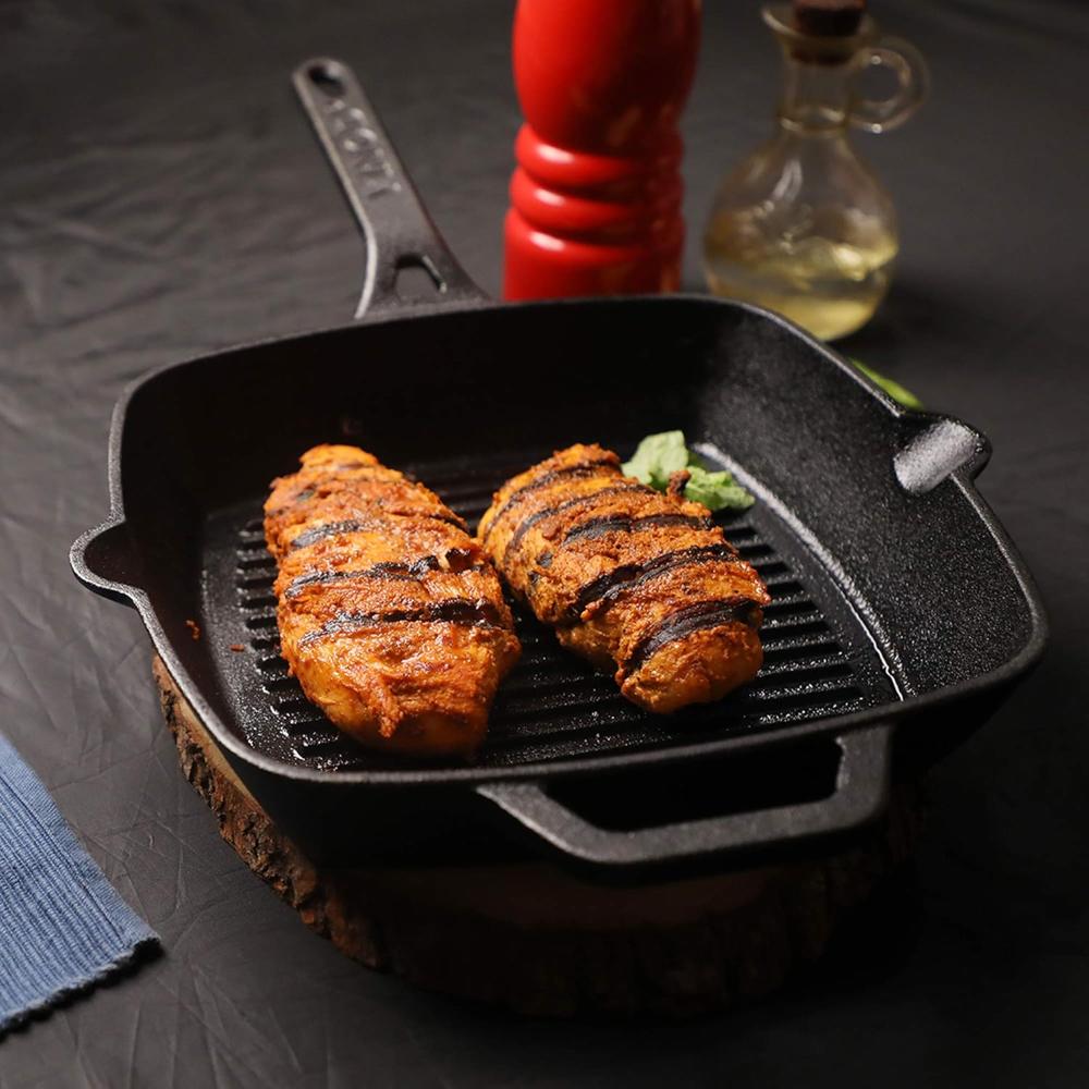 Vinod Legacy Pre Seasoned Cast Iron Grill Pan - 24 cm | Naturally Non Stick Loha Barbeque/Tandoor Grill Pan | 100% Pure | Easy Pour Spout | Toxin Free | Safety Sleeve 2 Ltr 