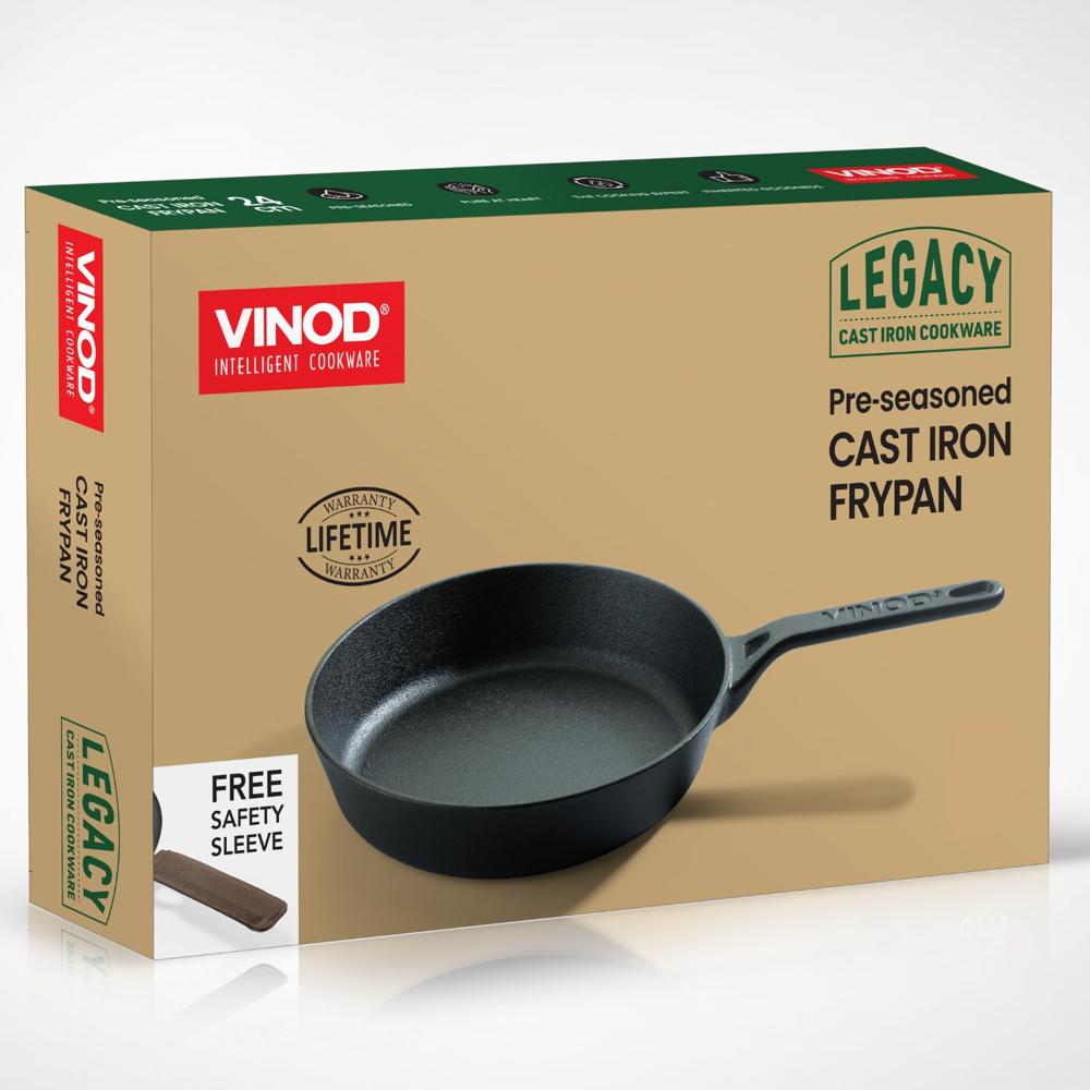 Vinod Legacy Pre Seasoned Cast Iron Grill Pan - 24 cm | Naturally Non Stick Loha Barbeque/Tandoor Grill Pan | 100% Pure | Easy Pour Spout | Toxin Free | Safety Sleeve 2 Ltr 