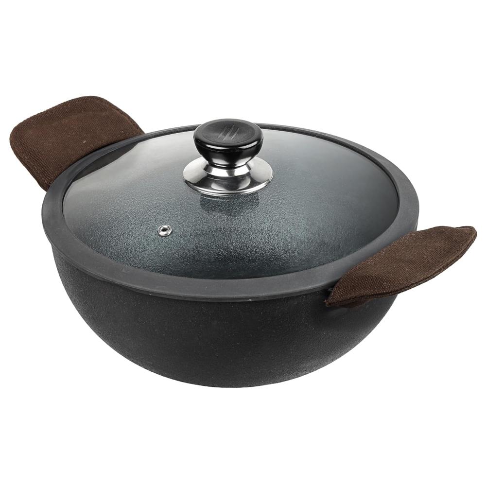 Vinod Legacy Pre-Seasoned Cast Iron Kadai 2.4 L, 22cm | Kadhai with Glass Lid | 100% Pure, Naturally Stick-Free | Gas Compatible | Traditional Kadai for Biryani, Curry & Deep Frying | Healthy Cooking
