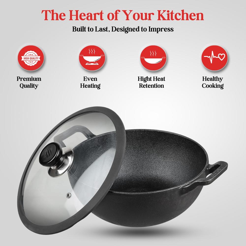 Vinod Legacy Pre-Seasoned Cast Iron Kadai 2.4 L, 22cm | Kadhai with Glass Lid | 100% Pure, Naturally Stick-Free | Gas Compatible | Traditional Kadai for Biryani, Curry & Deep Frying | Healthy Cooking